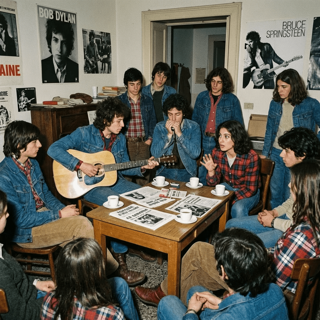 Immagine attuale: Young men play music in a room decorated with Bob Dylan and Bruce Springsteen posters.